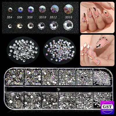Flat Back Box Crystal Nail Art Decor AB Nails Rhinestones Diamond Beads 12 Grids • $7.43