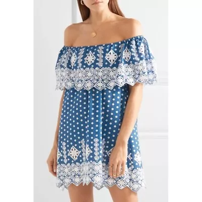 Miguelina New NWT Crochet Embroidered Blue Off Shoulder Mini Dress Small • $79