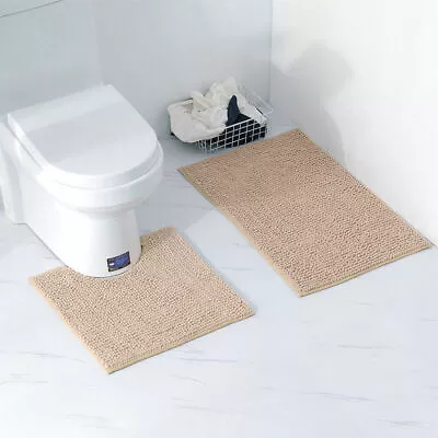 2 Pieces Bath Mat Set Non Slip Toilet Pedestal Soft Foam &Shaggy Chenille Rug UK • £7.99