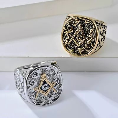 Vintage Gothic Flower Men's Masonic Ring Stainless Steel Solid Back Size 7-12 • $12.99