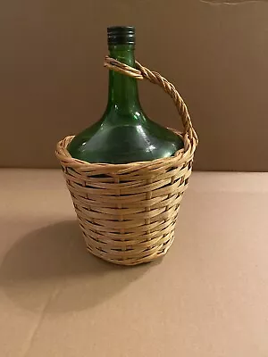 Vintage Wicker Basket Covered Green Glass Wine Bottle  • $49.99