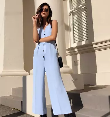 Cue Light Blue Soft Twill Crepe Sleeveless V-neck Pocket Wide Leg Jumpsuit 6 8 • $99