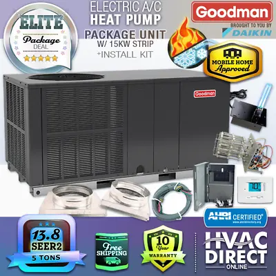 5 Ton 13.4 SEER2 Goodman AC Heat Pump Package Unit System + 15kW Install Kit • $4710