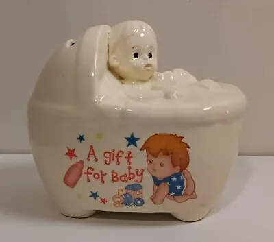Vintage Ceramic Money Box 'A Gift For Baby' Child In Bassinet Cute Coin Bank • $14.40