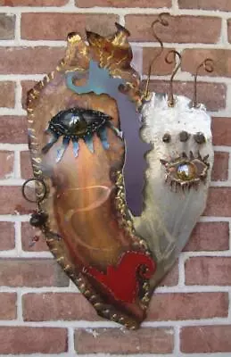 Abstract Heart Shape Face Metal Wall Sculpture Glass Eyes Large Multi Dimension • $84