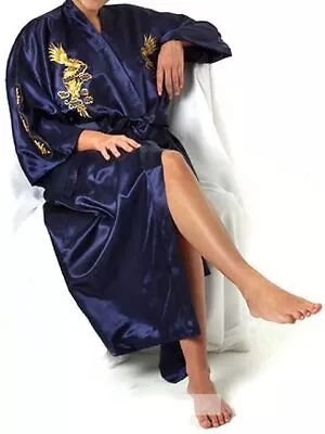 Men's Chinese Satin Faux Silk Robe Embroidery Kimono Bath Gown Dragon Pajamas • $25.72