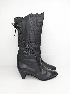 80s Vintage Black Tall Leather Boots Size 36.5 Ladies Rock Grunge Punk Laces • $45