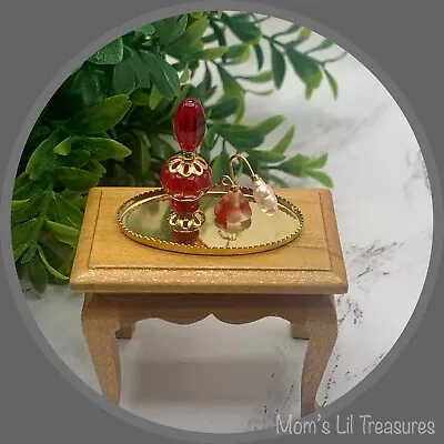 Dollhouse Miniatures • Red Gold Perfume Bottle Set Of 2 With Vanity Tray • $9