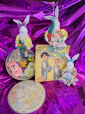 Vintage Easter Lot Bunny Hop Record Handmade Button Bunnies Tin WMagnets 🐥🐰 • $12