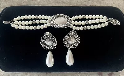 T. FOREE Hunsicker Sterling Silver & Pearl Luggage Tag Style BRACELET & Earrings • $75