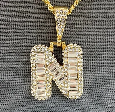 $9.99 • Buy Gold Tone Clear Rhinestones Bubble Initial Alphabet Letter N Pendant Necklace