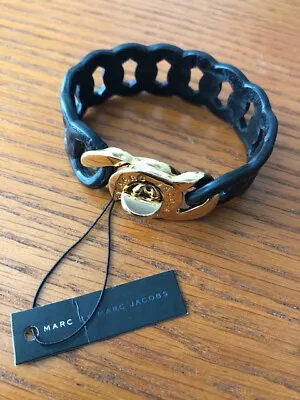 NWT Marc Jacobs Black Leather Chain Laser Cut Bracelet With Gold Turn Lock Clasp • $85