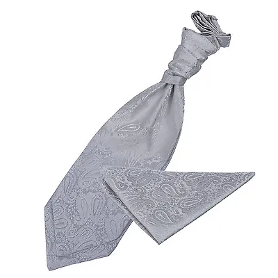 Silver Woven Floral Paisley Wedding Mens Cravat Handkerchief Set By DQT • £11.99