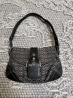 Coach Black White Signature Jacquard Leather Buckle Flap Shoulder Purse Vintage • $12