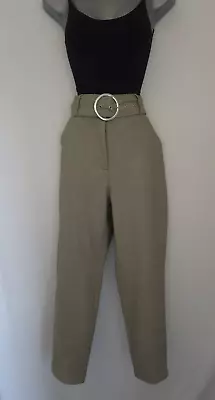 Zara Belted High Waisted Faux Leather Cigarette Trousers In Khaki/Beige Uk Size8 • £13.77