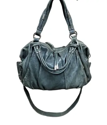 JUNIOR DRAKE LG Distressed GREEN Leather GOLD Hardware HOBO Tote Satchel Handbag • $54.49