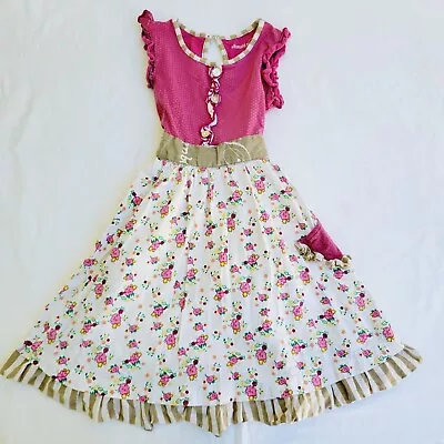 Mustard Pie Girl's Pink Floral Mixed Print Flutter-sleeve Dress - Size 4 • $19.99