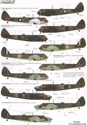 Xtradecal X72203 1/72 Bristol Blenheim Mk.I/Mk.IF/Mk.IV Pt.2 Model Decals • £8.95