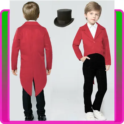 Boys Ringmaster Magician Costume Red Child Girls Kids Steampunk Tailcoat Hat • $40.84
