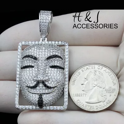 925 Sterling Silver Icy Bling Cz Silver V For Vendetta Mask Cahrm Pendant*asp359 • $65.99