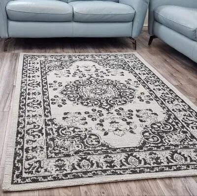 Traditional Grey Rug Large Small Flat Weave - Machine Washable - 100% Natural • £36.99