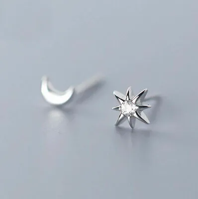 $8.95 • Buy 925 Sterling Silver Tiny Moon Star Asymmetric CZ Stud Earrings Women Jewelry AJ