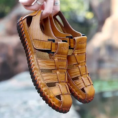 Summer Shoes Men Leather Sandals Cut Out Close Toe Sandles Sport Sandal 38-47 F • £41.99