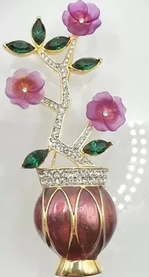Vintage Purple Flower Vase Brooch Rhinestones Crystals Enamel Almost 4” Long!! • $35