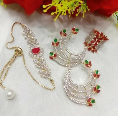£15.54 • Buy Indian American Diamond Red Stone Gold Tone Pearls Bracelet Earrings Ring Arrow