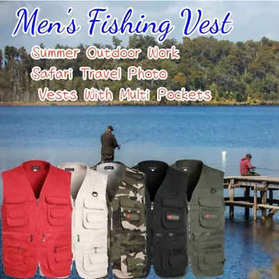 Mens Cargo Multi Pocket Utility Vest Fishing Hiking Camping Gilet Waistcoat Tops • $18.99