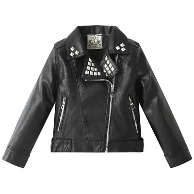 Toddler Girls Boys Pu Leather Coat Long Sleeve Studded Zip Outwear Baby Jacket • £19.89