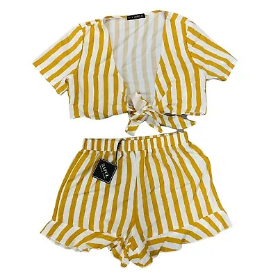 Zaful 2 Piece Set Crop Top Tie Front Shorts Size 4 Bee Yellow Stripe Stretch • $1.99