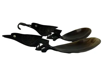 2 X Vintage Asian Buffalo Horn Hand Carved Serving Spoons Detailed Bird Designs • £12.37