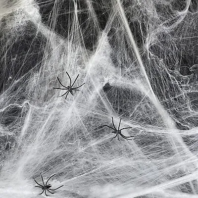 2 X LARGE STRETCHY SPIDER WEB COBWEB 8 SCARY SPIDERS HALLOWEEN PARTY DECORATION • £3.75