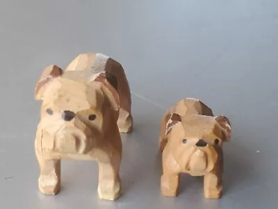 2 Sweet Vintage 1940s Wood Hand Carved Miniature Bulldog Dog Figurines • $14