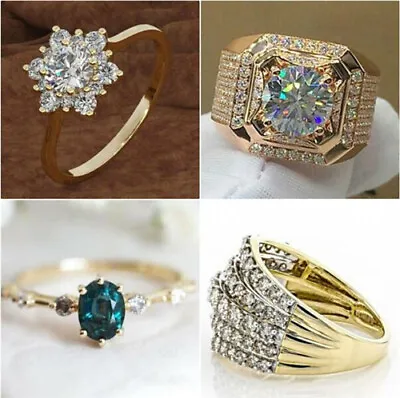 Yellow Gold Filled Rings Women Jewelry Cubic Zirconia Wedding Ring Gifts Sz 6-10 • $3.73