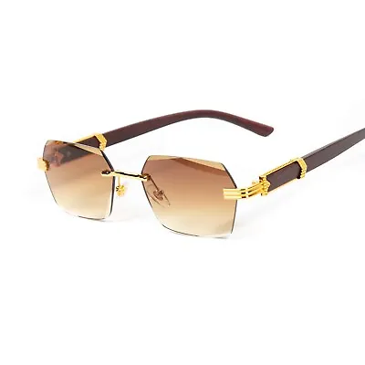 Woodgrain Brown Tint Retro Rimless Men's Elegant Gold Frame Hip Hop Sunglasses • $10.99