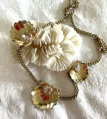 Vintage Sterling Silver Seashell Scallop Shell Rhinestone Pearl Necklace Jewelry • $19.50