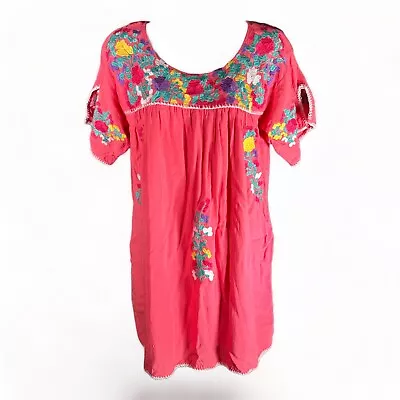 J Marie Mexican Oaxaca Style Embroidered Mini Dress Tunic Pink M Short Sleeve • £52.12