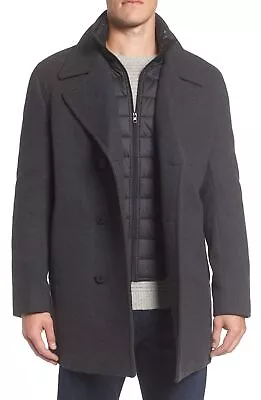 Marc New York 252656 Mens Herringbone Wool Blend Pea Coat Charcoal Size Medium • $208.25