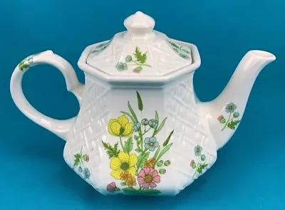 Vintage SADLER ENGLAND Teapot - Embossed Trellis-Pink Yellow Blue Flowers • $20