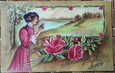 Edwardian Glamour Woman & Butterfly Roses  Message Of Love  Artist Drawn PC 1912 • £2.95
