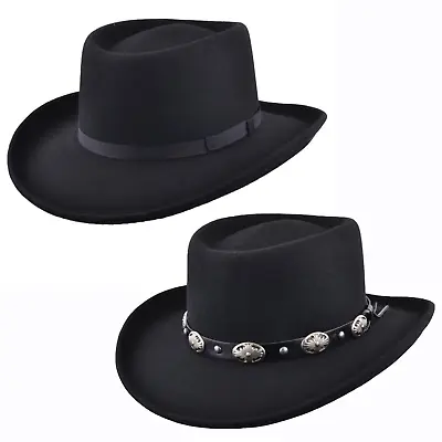 Mens Fedora Hat 100% Wool Felt Handmade Crushable Cowboy Gambler Hat In Black  • £24.99