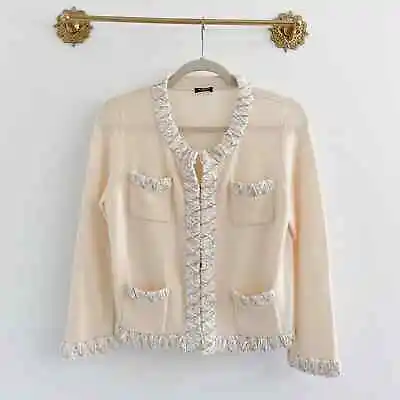 Magaschoni Size XS Small 100% Cashmere Beaded Sequin Pocket Cardigan • $79.99