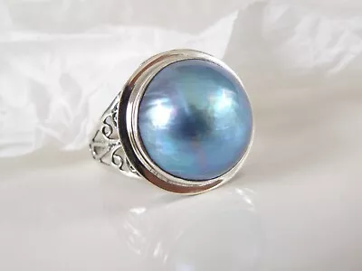 New Sterling Silver 925 Cultured Gray Mabe Pearl Filigree Ring Size 10 • $49