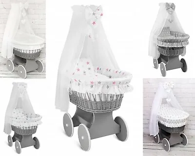 £159.99 • Buy Wicker Wheels Moses Basket Baby Full Bedding Set Canopy Drape Bow Hearts Grey 