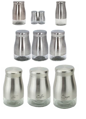£7.89 • Buy Tea Coffee Sugar Jars With Screw Lids -  STAINLESS STEEL & GLASS CANISTER