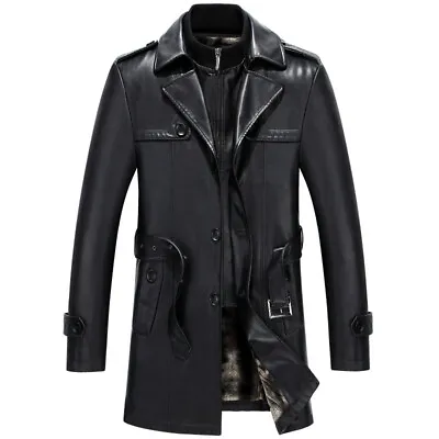 Mens Leather Trench Coat Long Jacket Winter Blazer Business Sheepskin Fashion • $89.40