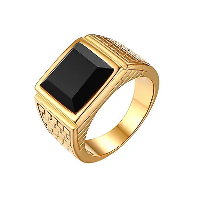 Men's Gold Plated Stainless Steel Black Square Ring Statement Signet Band #7-11 • $10.99