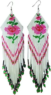 New Women Beaded Handmade Native Inspired White Extra Long Rose Flower Earrings • $16.99